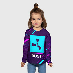 Лонгслив детский Символ Rust в неоновых цветах на темном фоне, цвет: 3D-принт — фото 2