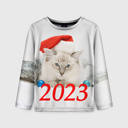 Лонгслив детский Белый кот в шапочке деда мороза, цвет: 3D-принт