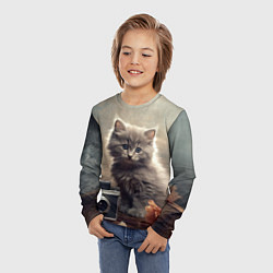 Лонгслив детский Серый котенок, винтажное фото, цвет: 3D-принт — фото 2