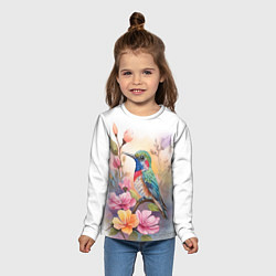 Лонгслив детский Колибри и цветы - акварель, цвет: 3D-принт — фото 2