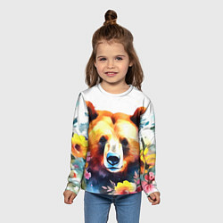 Лонгслив детский Морда медведя гризли с цветами акварелью, цвет: 3D-принт — фото 2