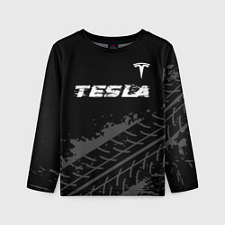 Лонгслив детский Tesla speed на темном фоне со следами шин посереди, цвет: 3D-принт