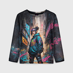 Лонгслив детский Японская девушка в худи, цвет: 3D-принт
