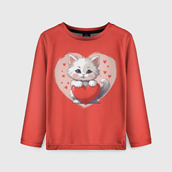 Лонгслив детский Мультяшный котенок держит красное сердечко, цвет: 3D-принт