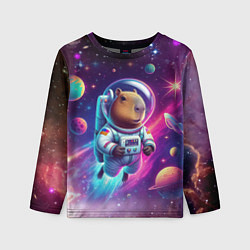 Детский лонгслив Космонавт капибара в неоновом космосе