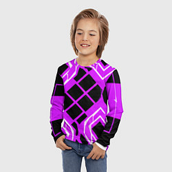 Лонгслив детский Чёрные квадраты и белые полосы на фиолетовом фоне, цвет: 3D-принт — фото 2