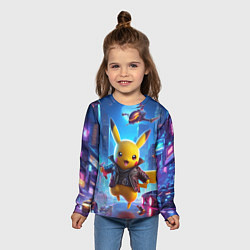 Лонгслив детский Кибер Пикачу в неоновом городе - нейросеть, цвет: 3D-принт — фото 2