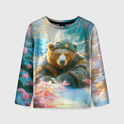 Лонгслив детский Русский медведь военный в лесу, цвет: 3D-принт