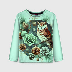 Лонгслив детский Мудрый филин на ветке с шишками, цвет: 3D-принт