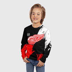 Лонгслив детский Детройт Ред Уингз - брызги краска на черном фоне, цвет: 3D-принт — фото 2