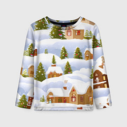 Детский лонгслив Новогодние домики и елочки