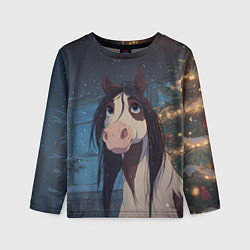 Лонгслив детский Белая пятнистая новогодняя лошадка, цвет: 3D-принт