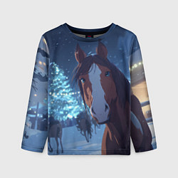 Лонгслив детский Лошадь на фоне новогодней елки, цвет: 3D-принт