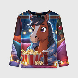Лонгслив детский Новогодняя лошадка с попкорном, цвет: 3D-принт