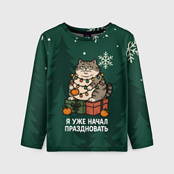 Лонгслив детский Я уже начал праздновать - кот с мандарином, цвет: 3D-принт