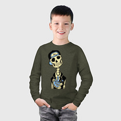 Лонгслив хлопковый детский Скелет в кепке, цвет: меланж-хаки — фото 2