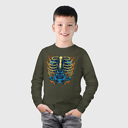 Лонгслив хлопковый детский Пылающие кости с двигателем, цвет: меланж-хаки — фото 2