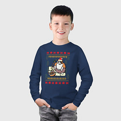 Лонгслив хлопковый детский Рождественский свитер Котик с колечками, цвет: тёмно-синий — фото 2