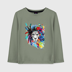 Лонгслив хлопковый детский Лев в цветах и перьях, цвет: авокадо