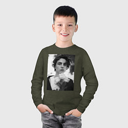 Лонгслив хлопковый детский Timothee Chalamet с розами, цвет: меланж-хаки — фото 2