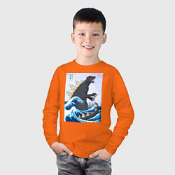 Лонгслив хлопковый детский Godzilla in The Waves Eastern, цвет: оранжевый — фото 2