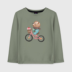 Лонгслив хлопковый детский Медведь с цветами на велосипеде, цвет: авокадо