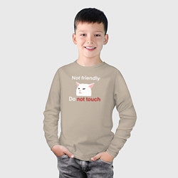 Лонгслив хлопковый детский Not friendly, do not touch, текст с мемным котом, цвет: миндальный — фото 2