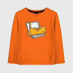 Лонгслив хлопковый детский Котик лежит на ноутбуке, цвет: оранжевый