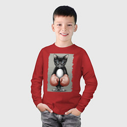 Лонгслив хлопковый детский Крутой котяра в боксёрских перчатках Cool cat in b, цвет: красный — фото 2