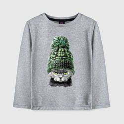 Лонгслив хлопковый детский Прикольный котяра в зимней лыжной шапке Cutie, цвет: меланж