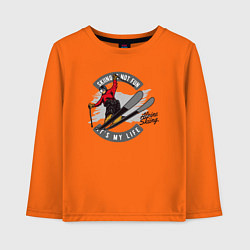 Лонгслив хлопковый детский Лыжи - не развлечение, лыжи - жизнь!, цвет: оранжевый