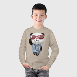 Лонгслив хлопковый детский Прикольный пандёныш в темных очках и наушниках, цвет: миндальный — фото 2