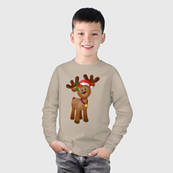Лонгслив хлопковый детский Новогодний олень с бубенчиком, цвет: миндальный — фото 2
