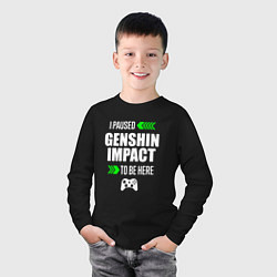 Лонгслив хлопковый детский I paused Genshin Impact to be here с зелеными стре, цвет: черный — фото 2