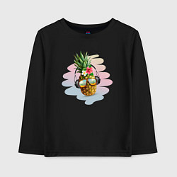 Лонгслив хлопковый детский Лето - ананас в наушниках и очках, цвет: черный