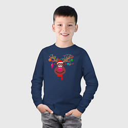 Лонгслив хлопковый детский Новогодний олень с гирляндой на рогах, цвет: тёмно-синий — фото 2