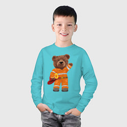 Лонгслив хлопковый детский Пожарный медведь, цвет: бирюзовый — фото 2