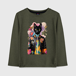 Лонгслив хлопковый детский Чёрный кот модник - нейросеть, цвет: меланж-хаки