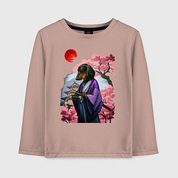 Лонгслив хлопковый детский Такса-Самурай весенняя на фоне сакуры, цвет: пыльно-розовый