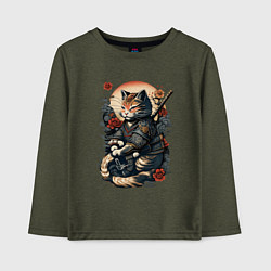 Лонгслив хлопковый детский Самурай кот, цвет: меланж-хаки