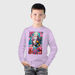 Лонгслив хлопковый детский Японская девушка на фоне цветов - нейросеть, цвет: лаванда — фото 2