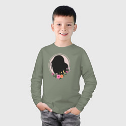 Лонгслив хлопковый детский Женский силуэт с яркими цветами, цвет: авокадо — фото 2