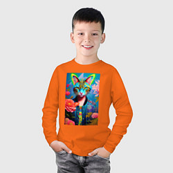Лонгслив хлопковый детский Кошачья мода - нейросеть - живопись, цвет: оранжевый — фото 2