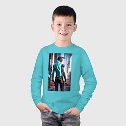 Лонгслив хлопковый детский A cyberpunk dude - New York, цвет: бирюзовый — фото 2