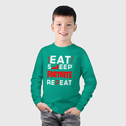 Лонгслив хлопковый детский Надпись eat sleep Fortnite repeat, цвет: зеленый — фото 2