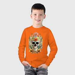 Лонгслив хлопковый детский Череп расписной с цветами, цвет: оранжевый — фото 2