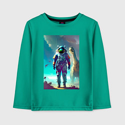 Лонгслив хлопковый детский Космонавт на планете динозавров - нейросеть, цвет: зеленый