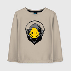 Лонгслив хлопковый детский Смайлик в наушниках smiley face in headphones, цвет: миндальный