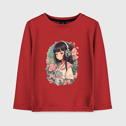 Детский лонгслив Девочка в стиле анимэ в наушниках среди цветов пор
