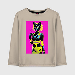 Лонгслив хлопковый детский Black cat - fashionista - pop art - neural network, цвет: миндальный
